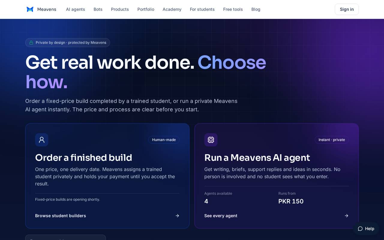 Meavens website homepage